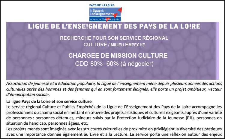 La Ligue de l’enseignement des Pays de Loire recrute : CHARGÉ.E DE MISSION CULTURE